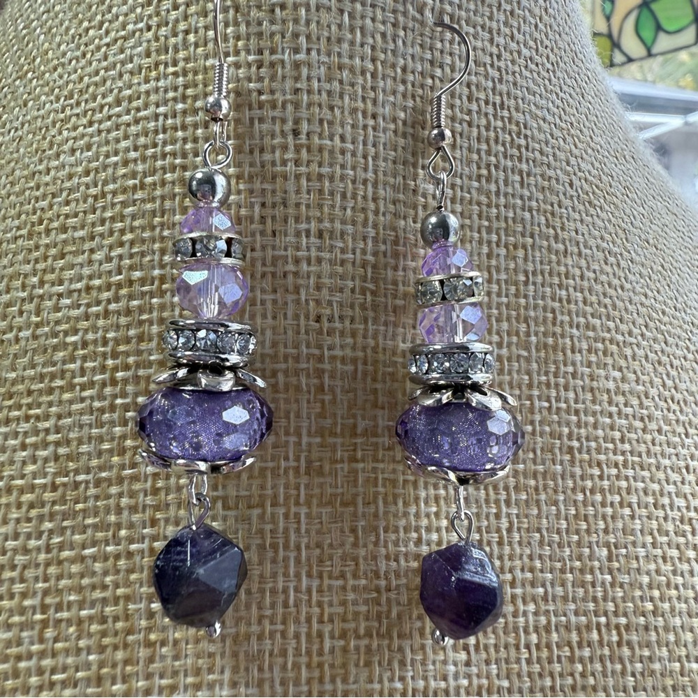 Purple Art Glass and Amethyst Earrings